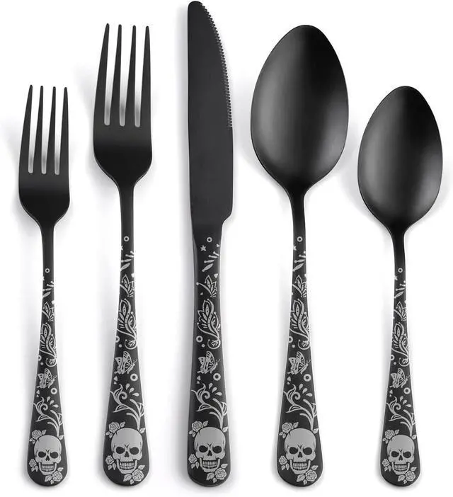 Main image of 40 Piece Skull Pattern Matte Silverware Set for 8, Black Flatware set Service for 8,Gothic Unique Skull Pattern Design,18/0 Stainless,Satin Finish Cutlery for 8,Dishwasher Safe
