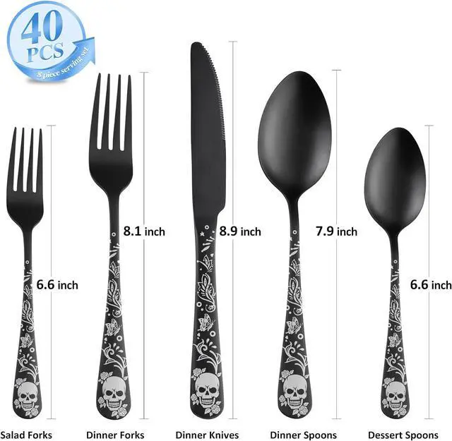 Alt view image 2 of 7 - 40 Piece Skull Pattern Matte Silverware Set for 8, Black Flatware set Service for 8,Gothic Unique Skull Pattern Design,18/0 Stainless,Satin Finish Cutlery for 8,Dishwasher Safe