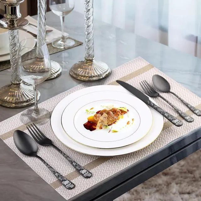 Alt view image 5 of 7 - 40 Piece Skull Pattern Matte Silverware Set for 8, Black Flatware set Service for 8,Gothic Unique Skull Pattern Design,18/0 Stainless,Satin Finish Cutlery for 8,Dishwasher Safe