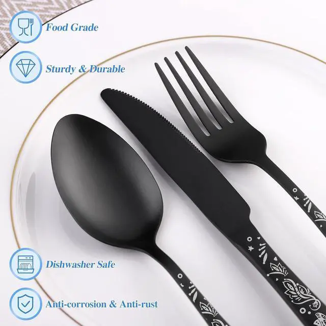Alt view image 4 of 7 - 40 Piece Skull Pattern Matte Silverware Set for 8, Black Flatware set Service for 8,Gothic Unique Skull Pattern Design,18/0 Stainless,Satin Finish Cutlery for 8,Dishwasher Safe