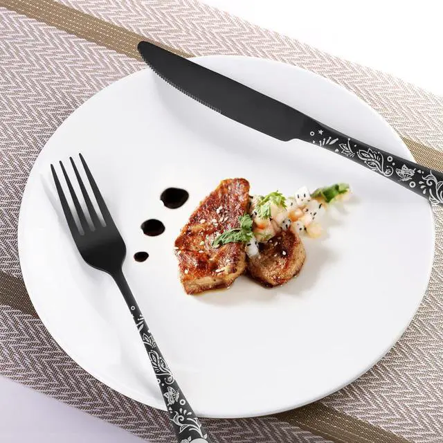 Alt view image 6 of 7 - 40 Piece Skull Pattern Matte Silverware Set for 8, Black Flatware set Service for 8,Gothic Unique Skull Pattern Design,18/0 Stainless,Satin Finish Cutlery for 8,Dishwasher Safe