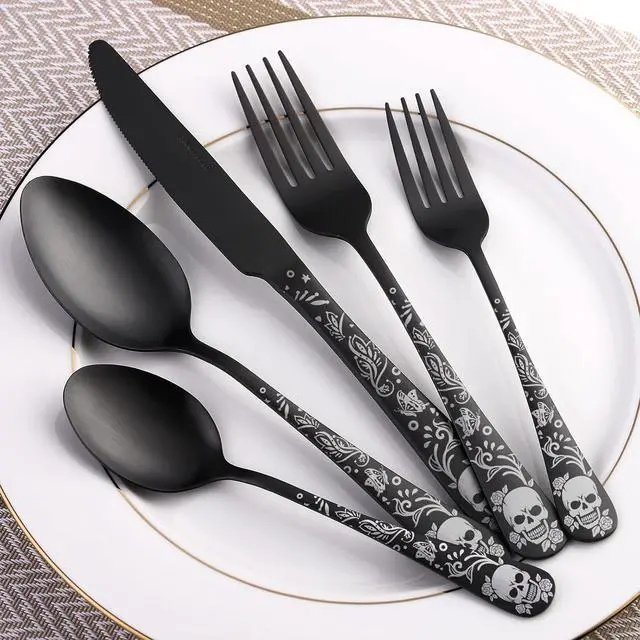 Alt view image 7 of 7 - 40 Piece Skull Pattern Matte Silverware Set for 8, Black Flatware set Service for 8,Gothic Unique Skull Pattern Design,18/0 Stainless,Satin Finish Cutlery for 8,Dishwasher Safe