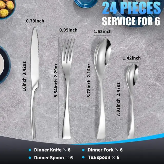 Alt view image 3 of 7 - 24-Piece Silverware Set for 6,Heavy Duty 18/10 Stainless Steel Cutlery Set with Forged Stand Knife,Modern Flatware Utensils Set,Forks Spoons and Knives Set,Mirror Polished,Dishwasher Safe
