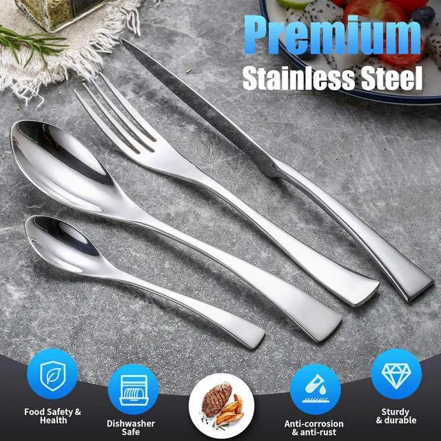 Alt view image 2 of 7 - 24-Piece Silverware Set for 6,Heavy Duty 18/10 Stainless Steel Cutlery Set with Forged Stand Knife,Modern Flatware Utensils Set,Forks Spoons and Knives Set,Mirror Polished,Dishwasher Safe