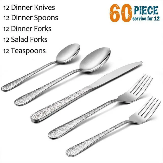Alt view image 2 of 7 - Silverware Set for 12, E-far 60-Piece Hammered Flatware Cutlery Set, Stainless Steel Eating Utensils for Kitchen Hotel Restaurant Party, Modern Design & Mirror Finished - Dishwasher Safe