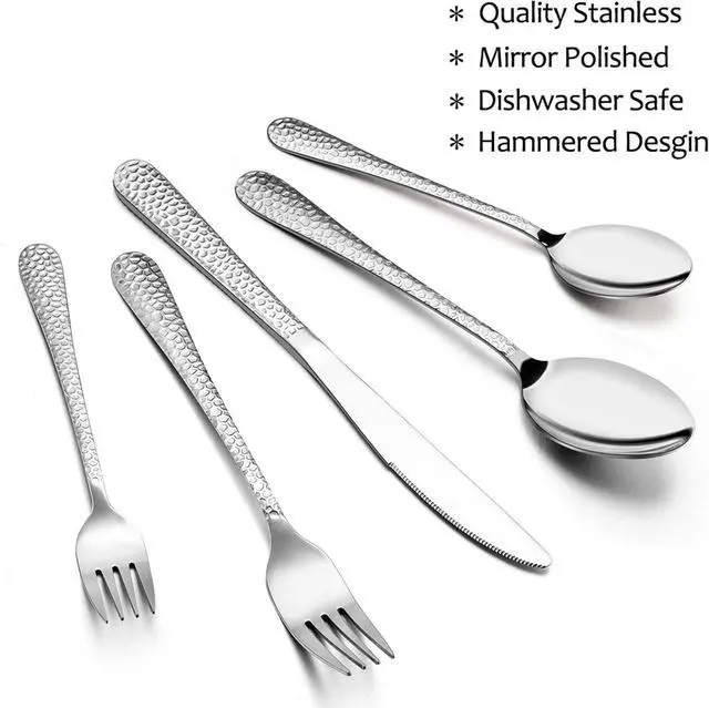 Alt view image 3 of 7 - Silverware Set for 12, E-far 60-Piece Hammered Flatware Cutlery Set, Stainless Steel Eating Utensils for Kitchen Hotel Restaurant Party, Modern Design & Mirror Finished - Dishwasher Safe