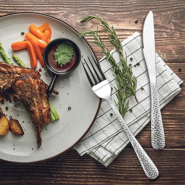 Alt view image 6 of 7 - Silverware Set for 12, E-far 60-Piece Hammered Flatware Cutlery Set, Stainless Steel Eating Utensils for Kitchen Hotel Restaurant Party, Modern Design & Mirror Finished - Dishwasher Safe