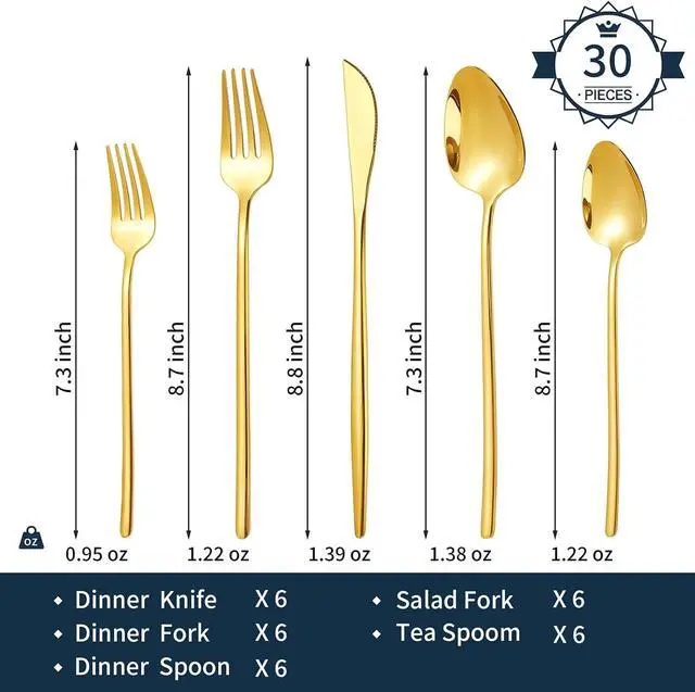 Alt view image 6 of 7 - 30-Piece Silverware set for 6, Premium 18/10 Stainless Steel Flatware Cutlery Set, Luxury Eating Utensils Set Include Spoons Forks & Knives, Mirror Polished, Dishwasher Safe (Gold)