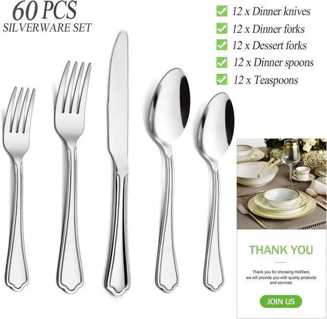 Alt view image 2 of 7 - HaWare 60-Piece Silverware Set for 12, Stainless Steel Flatware Cutlery Eating Utensils, Modern Design with Crown Edges for Home Kitchen Hotel, with Knives Forks Spoons, Dishwasher Safe