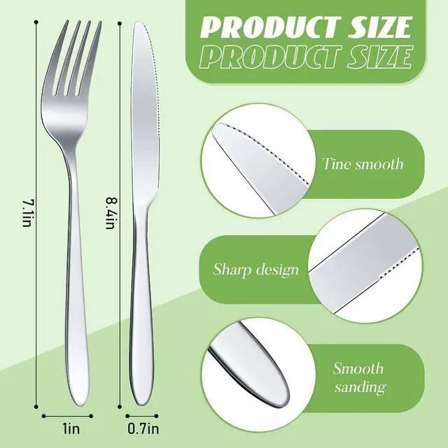 Alt view image 2 of 6 - Nuenen 50 Pieces Stainless Steel Forks Silverware Set Dinner Forks and Knives Flatware Tableware Cutlery Set for Kitchen Restaurant(7.1 x 1 Inch, 8.4 x 0.7 Inch,Silver)