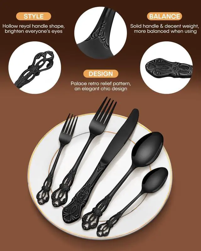 Alt view image 2 of 7 - EUIRIO 48 Pieces Royal Black Silverware Set for 8, Retro Gorgeous Flatware Set with Steak Knives, Premium Stainless Steel Vintage Cutlery Set with Forks Spoons and Knives, Dishwasher Safe
