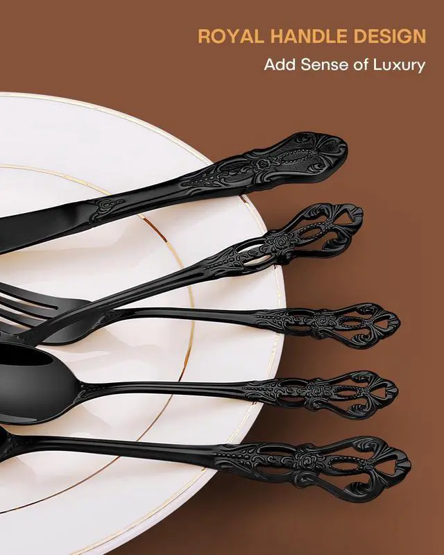 Alt view image 3 of 7 - EUIRIO 48 Pieces Royal Black Silverware Set for 8, Retro Gorgeous Flatware Set with Steak Knives, Premium Stainless Steel Vintage Cutlery Set with Forks Spoons and Knives, Dishwasher Safe