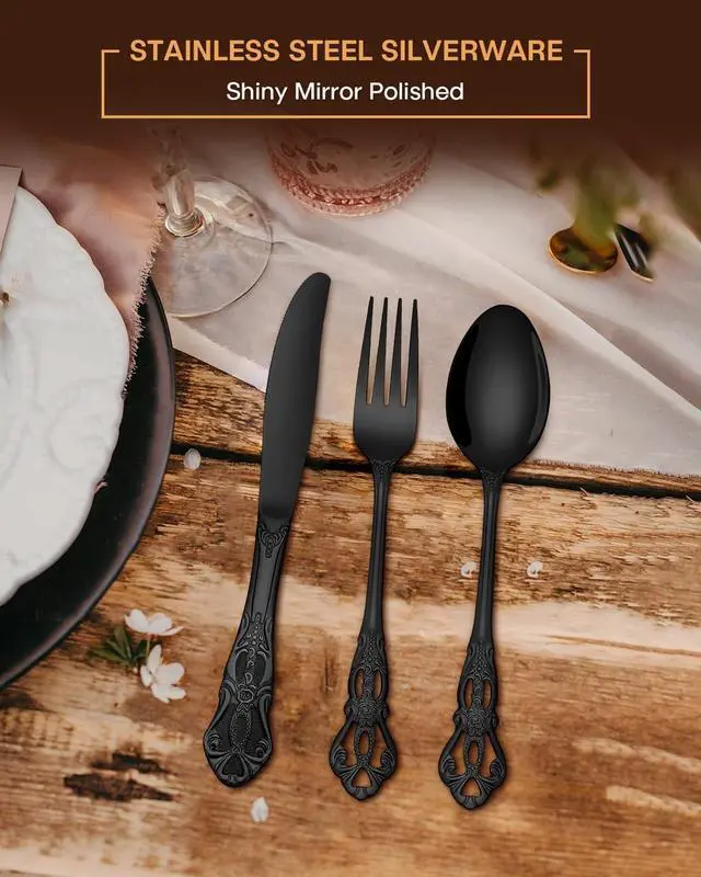 Alt view image 6 of 7 - EUIRIO 48 Pieces Royal Black Silverware Set for 8, Retro Gorgeous Flatware Set with Steak Knives, Premium Stainless Steel Vintage Cutlery Set with Forks Spoons and Knives, Dishwasher Safe