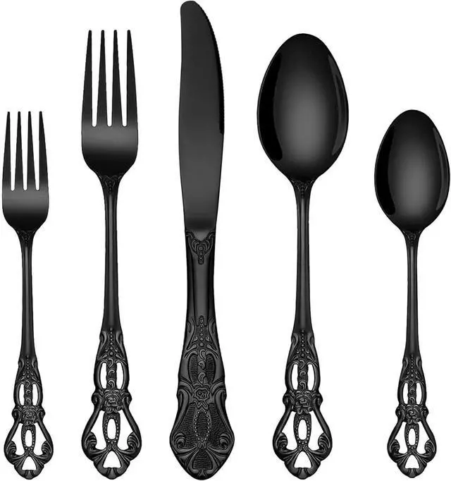 Main image of EUIRIO 30 Pieces Royal Silverware Set for 6, Retro Gorgeous Black Flatware Set, Premium Stainless Steel Vintage Cutlery Set with Forks Spoons and Knives, Dishwasher Safe