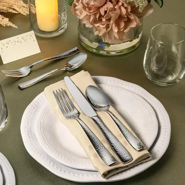 Alt view image 3 of 7 - Hudson Essentials 40-Piece Hammered Stainless Steel 18/10 Flatware Silverware Set, Service for 8 (40-Piece Set)