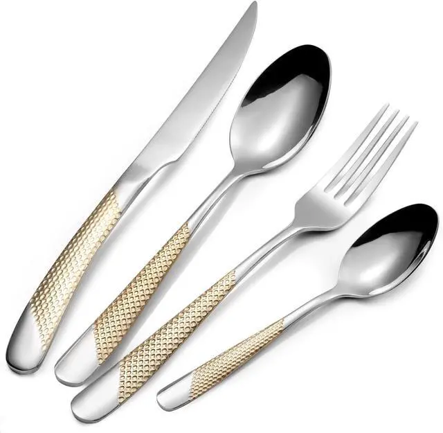 Main image of 24 Piece Gold Hammered Silverware Set for 6, Premium Food-grade Stainless Steel Flatware Set, Luxury Design & Mirror Polished Cutlery Set, Eating Utensil Set with Fork Knife Spoon, Dishwasher Safe