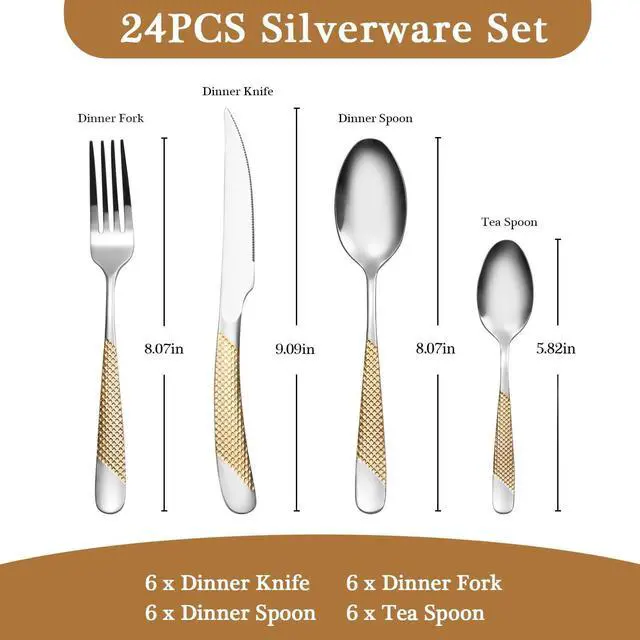 Alt view image 2 of 6 - 24 Piece Gold Hammered Silverware Set for 6, Premium Food-grade Stainless Steel Flatware Set, Luxury Design & Mirror Polished Cutlery Set, Eating Utensil Set with Fork Knife Spoon, Dishwasher Safe