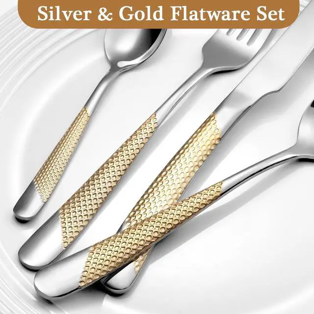 Alt view image 4 of 6 - 24 Piece Gold Hammered Silverware Set for 6, Premium Food-grade Stainless Steel Flatware Set, Luxury Design & Mirror Polished Cutlery Set, Eating Utensil Set with Fork Knife Spoon, Dishwasher Safe