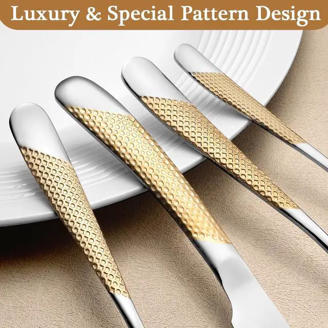 Alt view image 5 of 6 - 24 Piece Gold Hammered Silverware Set for 6, Premium Food-grade Stainless Steel Flatware Set, Luxury Design & Mirror Polished Cutlery Set, Eating Utensil Set with Fork Knife Spoon, Dishwasher Safe