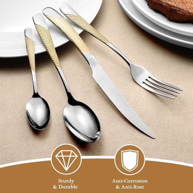 Alt view image 3 of 6 - 24 Piece Gold Hammered Silverware Set for 6, Premium Food-grade Stainless Steel Flatware Set, Luxury Design & Mirror Polished Cutlery Set, Eating Utensil Set with Fork Knife Spoon, Dishwasher Safe