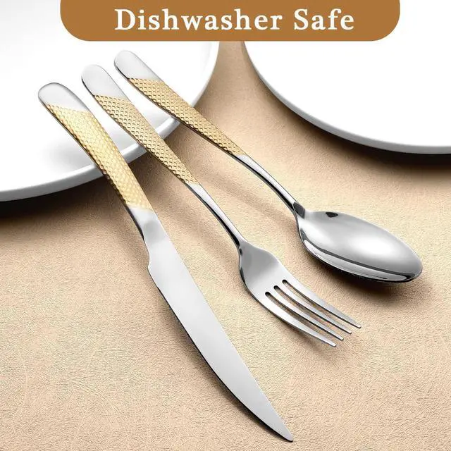 Alt view image 6 of 6 - 24 Piece Gold Hammered Silverware Set for 6, Premium Food-grade Stainless Steel Flatware Set, Luxury Design & Mirror Polished Cutlery Set, Eating Utensil Set with Fork Knife Spoon, Dishwasher Safe