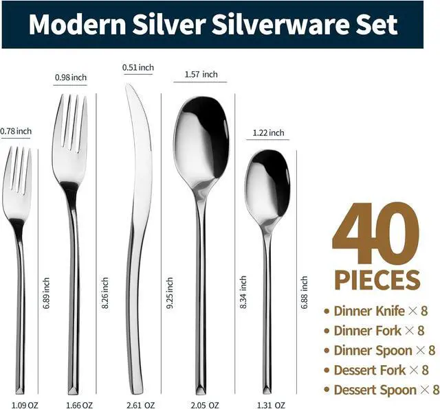 Alt view image 3 of 7 - 40-Piece Silverware Set for 8,Modern 18/10 Stainless Steel Flatware Set,Luxury Cutlery Set,Unique Utensils Set for Restaurant,Spoons and Forks Set,Mirror Polished,Dishwasher Safe