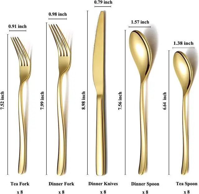 Alt view image 2 of 7 - HOMQUEN 40-Piece Gold Silverware Set, Gold Flatware Set for 8, Stainless Steel Tableware Cutlery Set, Utensil Sets for Kitchen, Forks and Spoons Silverware (Shiny Gold)