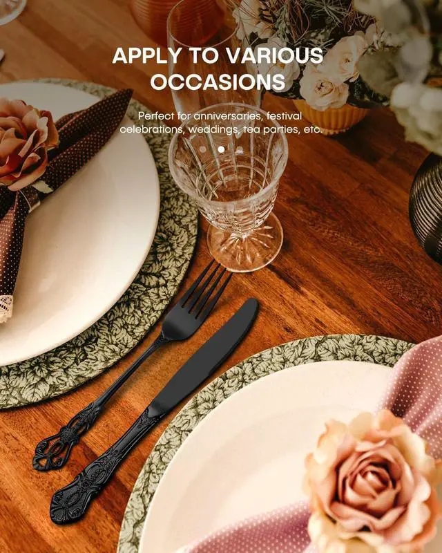 Alt view image 3 of 7 - Stapava 20 Pcs Black Silverware Set, Gorgeous Retro Royal Silverware Set for 4, Stainless Steel Mirror Flatware Cutlery Set, Include Forks Spoons and Knives Set, Dishwasher Safe Utensils