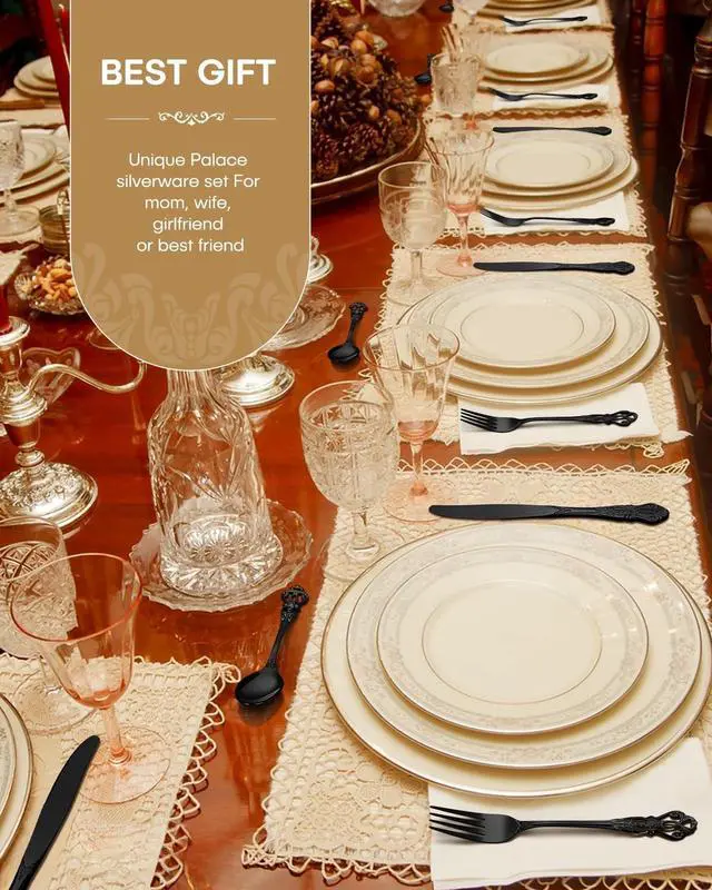 Alt view image 6 of 7 - Stapava 20 Pcs Black Silverware Set, Gorgeous Retro Royal Silverware Set for 4, Stainless Steel Mirror Flatware Cutlery Set, Include Forks Spoons and Knives Set, Dishwasher Safe Utensils