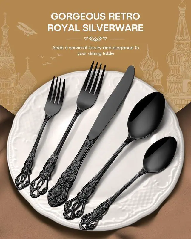 Alt view image 7 of 7 - Stapava 20 Pcs Black Silverware Set, Gorgeous Retro Royal Silverware Set for 4, Stainless Steel Mirror Flatware Cutlery Set, Include Forks Spoons and Knives Set, Dishwasher Safe Utensils