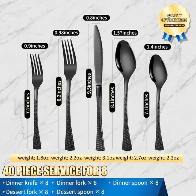 Alt view image 3 of 7 - Hammered Black Silverware Set for 8,Stainless Steel 40-Piece Modern Cutlery Set,Mirror Polished Heavy Duty Flatware Set Utensil Set,Knives Spoons and Forks Set,Dishwasher Safe