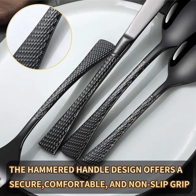 Alt view image 6 of 7 - Hammered Black Silverware Set for 8,Stainless Steel 40-Piece Modern Cutlery Set,Mirror Polished Heavy Duty Flatware Set Utensil Set,Knives Spoons and Forks Set,Dishwasher Safe