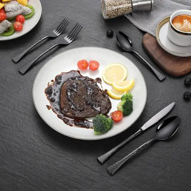 Alt view image 7 of 7 - Hammered Black Silverware Set for 8,Stainless Steel 40-Piece Modern Cutlery Set,Mirror Polished Heavy Duty Flatware Set Utensil Set,Knives Spoons and Forks Set,Dishwasher Safe