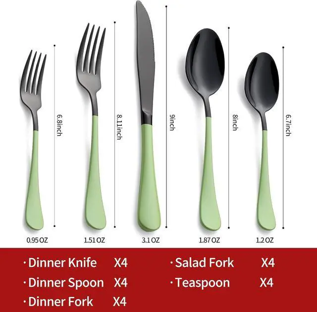 Alt view image 2 of 7 - 20-Pieces Green and Black Silverware Sets for 4,Green Handle Stainless Steel Cutlery Set, Include Forks Spoons and Knives Set, Dishwasher Safe Utensil Sets for Home Restaurant
