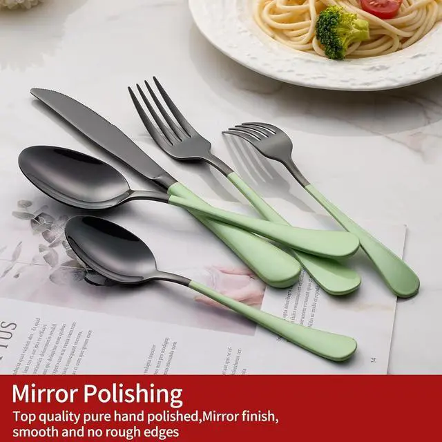 Alt view image 3 of 7 - 20-Pieces Green and Black Silverware Sets for 4,Green Handle Stainless Steel Cutlery Set, Include Forks Spoons and Knives Set, Dishwasher Safe Utensil Sets for Home Restaurant