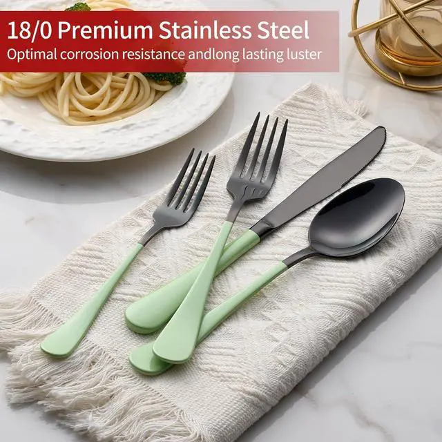 Alt view image 4 of 7 - 20-Pieces Green and Black Silverware Sets for 4,Green Handle Stainless Steel Cutlery Set, Include Forks Spoons and Knives Set, Dishwasher Safe Utensil Sets for Home Restaurant