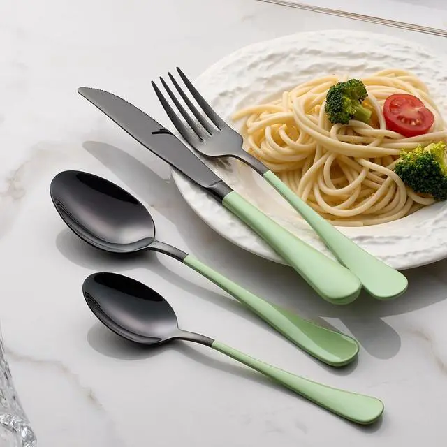 Alt view image 6 of 7 - 20-Pieces Green and Black Silverware Sets for 4,Green Handle Stainless Steel Cutlery Set, Include Forks Spoons and Knives Set, Dishwasher Safe Utensil Sets for Home Restaurant