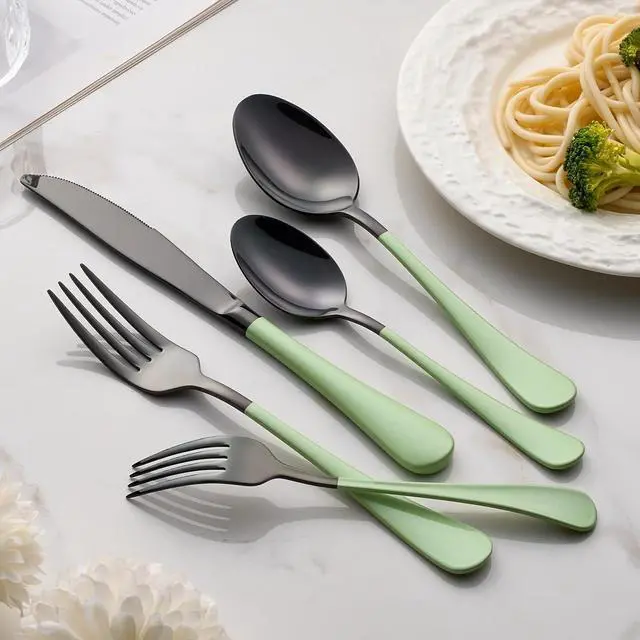 Alt view image 7 of 7 - 20-Pieces Green and Black Silverware Sets for 4,Green Handle Stainless Steel Cutlery Set, Include Forks Spoons and Knives Set, Dishwasher Safe Utensil Sets for Home Restaurant