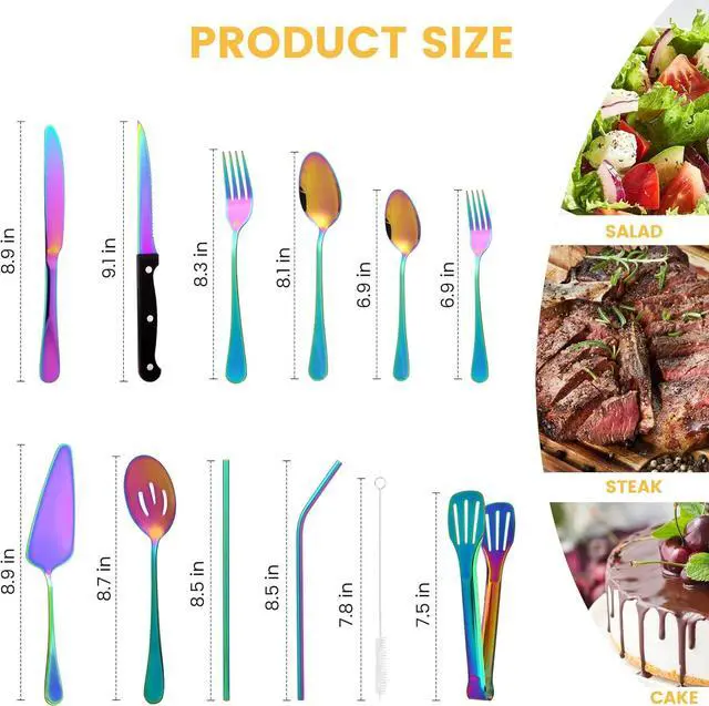 Alt view image 2 of 7 - 69 Piece Rainbow Silverware Set with Steak Knife Service For 8, Colorful Flatware Cutlery Set Stainless Steel Utensils Mirror Polishe Spoons and Forks with Metal Straw, Slotted Spoon, Tongs, Tableware