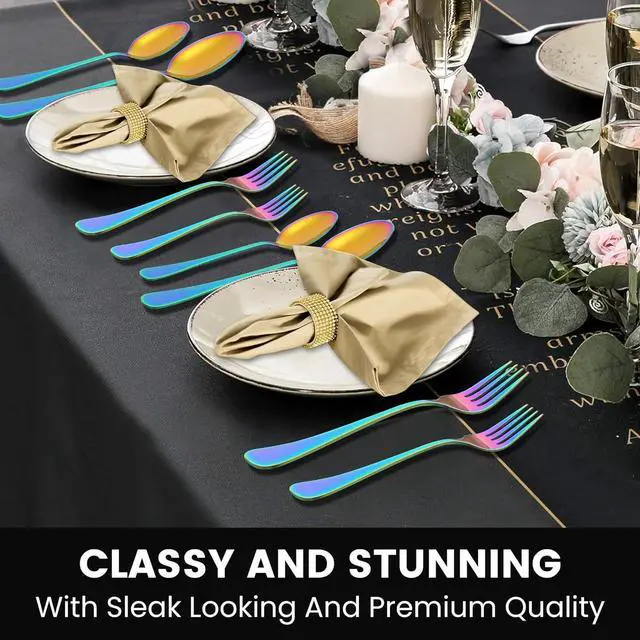 Alt view image 5 of 7 - 69 Piece Rainbow Silverware Set with Steak Knife Service For 8, Colorful Flatware Cutlery Set Stainless Steel Utensils Mirror Polishe Spoons and Forks with Metal Straw, Slotted Spoon, Tongs, Tableware