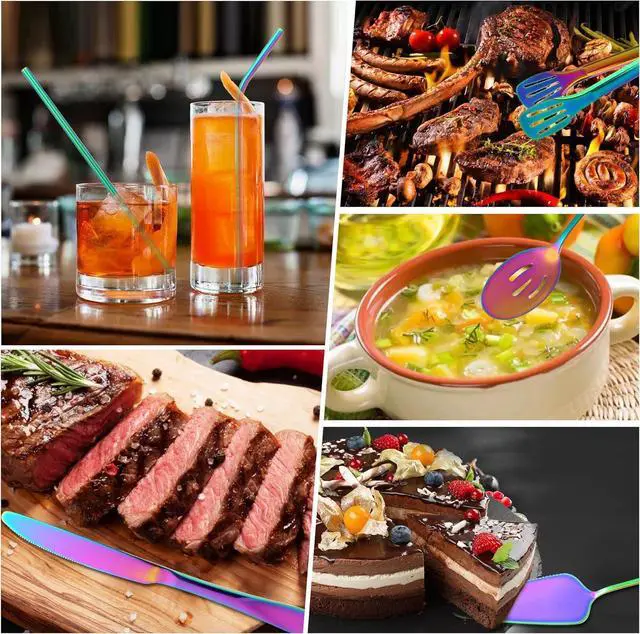 Alt view image 6 of 7 - 69 Piece Rainbow Silverware Set with Steak Knife Service For 8, Colorful Flatware Cutlery Set Stainless Steel Utensils Mirror Polishe Spoons and Forks with Metal Straw, Slotted Spoon, Tongs, Tableware