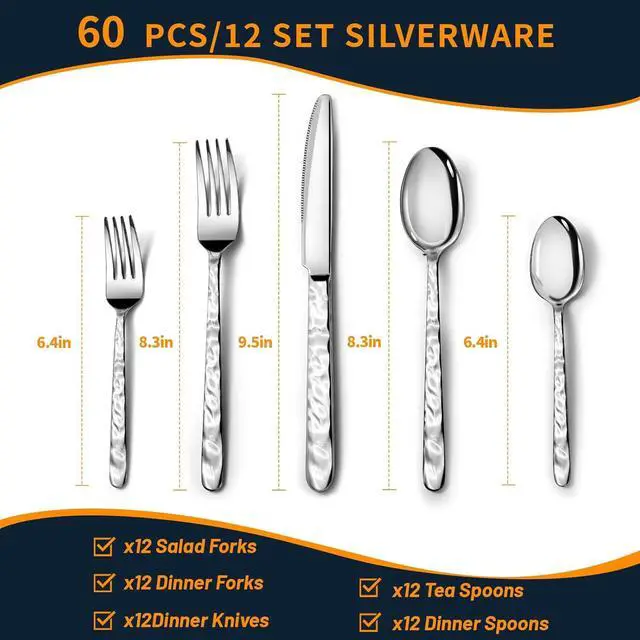 Alt view image 2 of 7 - 60 Piece Silverware Set for 12, Food-Grade Stainless Steel Utensils Set Includes Spoons Forks Knives, Sturdy Home Kitchen Eating Tableware Set,Wave Style Design & Mirror Polished - Dishwasher Safe