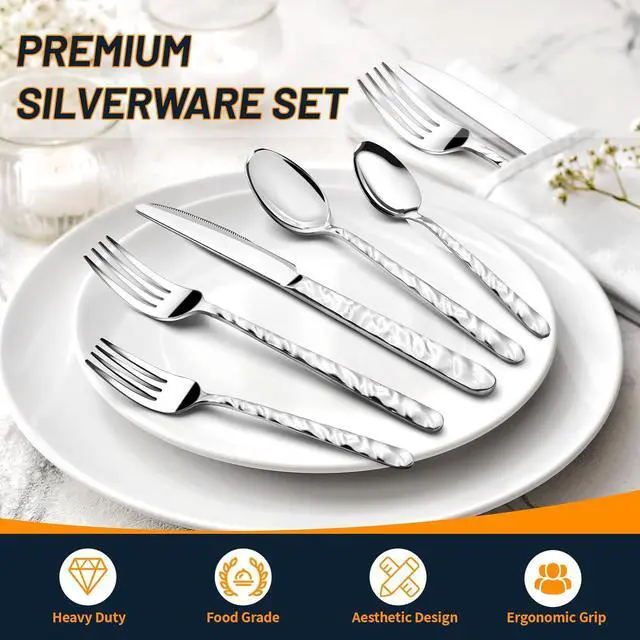 Alt view image 3 of 7 - 60 Piece Silverware Set for 12, Food-Grade Stainless Steel Utensils Set Includes Spoons Forks Knives, Sturdy Home Kitchen Eating Tableware Set,Wave Style Design & Mirror Polished - Dishwasher Safe