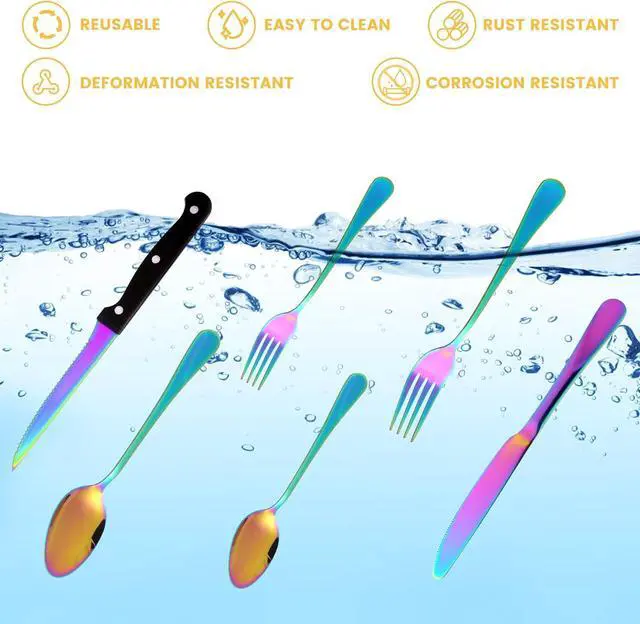 Alt view image 3 of 7 - 69 Piece Rainbow Silverware Set with Steak Knife Service For 8, Colorful Flatware Cutlery Set Stainless Steel Utensils Mirror Polishe Spoons and Forks with Metal Straw, Slotted Spoon, Tongs, Tableware