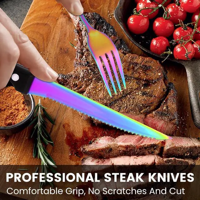 Alt view image 4 of 7 - 69 Piece Rainbow Silverware Set with Steak Knife Service For 8, Colorful Flatware Cutlery Set Stainless Steel Utensils Mirror Polishe Spoons and Forks with Metal Straw, Slotted Spoon, Tongs, Tableware