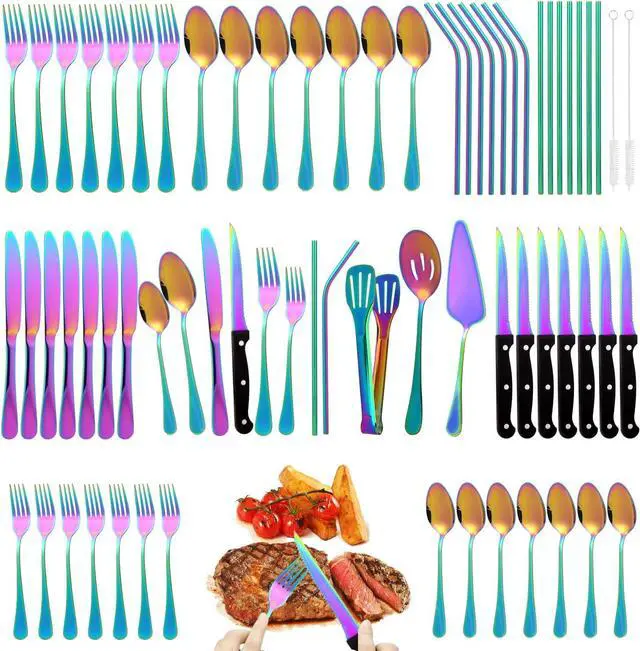 Main image of 69 Piece Rainbow Silverware Set with Steak Knife Service For 8, Colorful Flatware Cutlery Set Stainless Steel Utensils Mirror Polishe Spoons and Forks with Metal Straw, Slotted Spoon, Tongs, Tableware