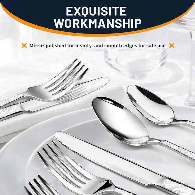 Alt view image 4 of 7 - 60 Piece Silverware Set for 12, Food-Grade Stainless Steel Utensils Set Includes Spoons Forks Knives, Sturdy Home Kitchen Eating Tableware Set,Wave Style Design & Mirror Polished - Dishwasher Safe