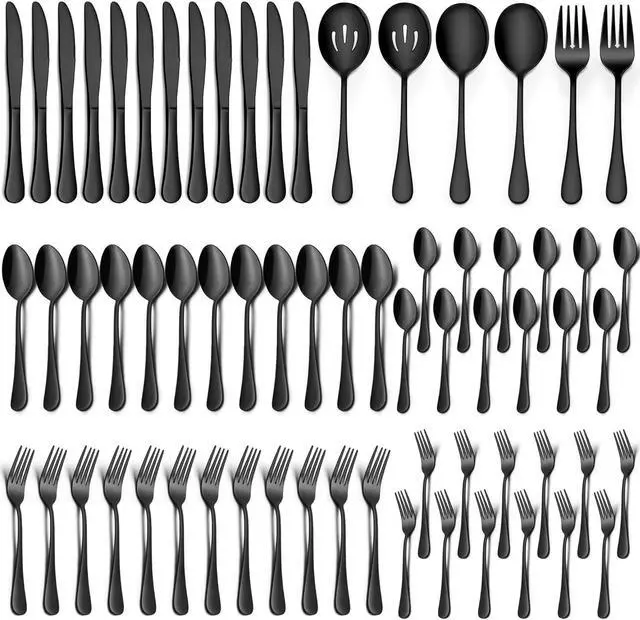 Main image of LIANYU 66-Piece Black Silverware Set with Serving Utensils, Stainless Steel Black Silverware Flatware Set for 8, Elegant Cutlery Tableware Includes Forks Spoons Knives, Dishwasher Safe