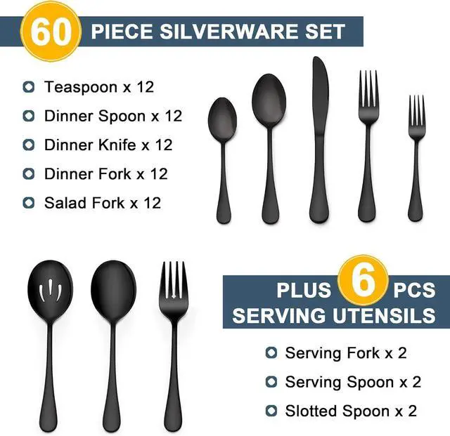 Alt view image 2 of 7 - LIANYU 66-Piece Black Silverware Set with Serving Utensils, Stainless Steel Black Silverware Flatware Set for 8, Elegant Cutlery Tableware Includes Forks Spoons Knives, Dishwasher Safe