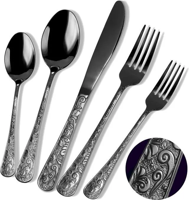 Main image of Chuleno Vintage Floral Carved Black Silverware Set for 6, 30 Pieces Stainless Steel Flatware Set with Knife/Fork/Spoon, Cutlery Set for Home and Kitchen, Mirror Polished Utensil Set for Gift